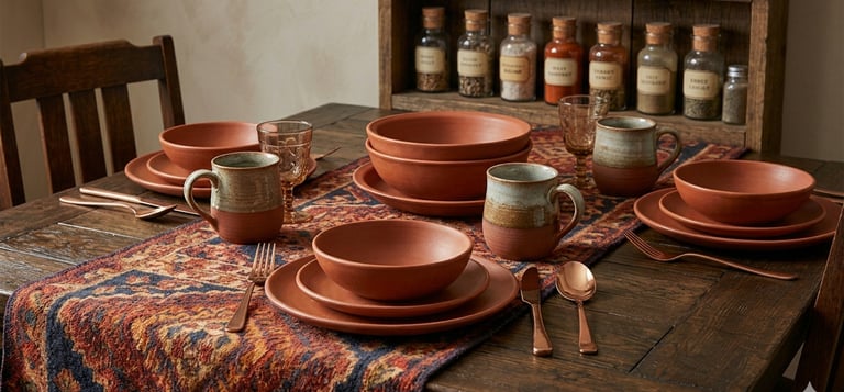 Rustic terracotta dinnerware set on a wooden table with a vintage patterned table runner and copper cutlery.