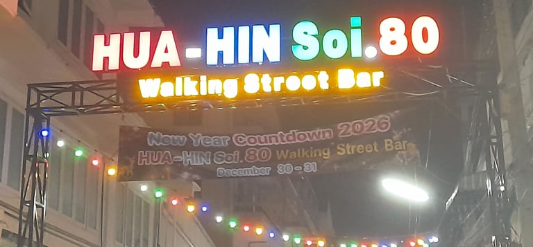 Entrance sign with neon lights for Soi 80, Hua Hin in Thailand