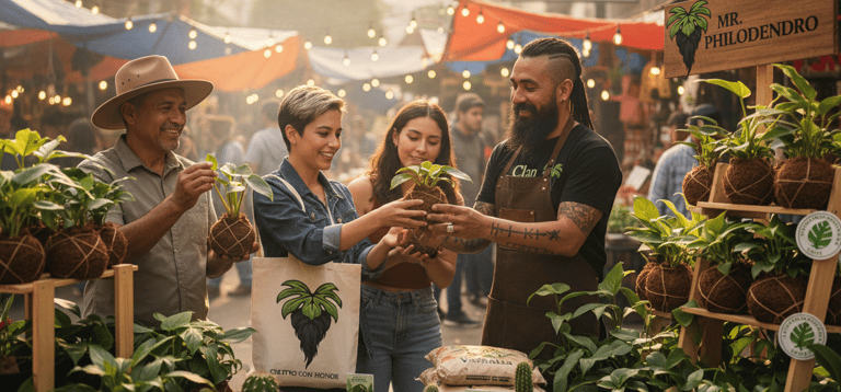 Clientes comprando plantas de kokedama en un puesto al aire libre de un mercado callejero mexicano. 