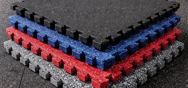 Stacked interlocking rubber gym floor tiles in black, blue, red, and grey inside a fitness center.
