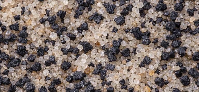 Close-up of silica sand and black rubber granules for artificial turf infill systems.