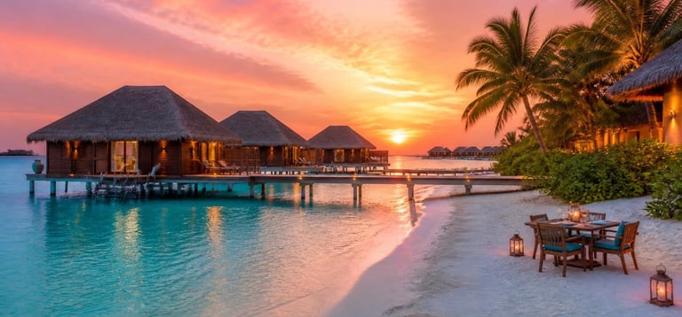 Overwater bungalows at sunset in the Maldives private dining table beach luxury couples experience