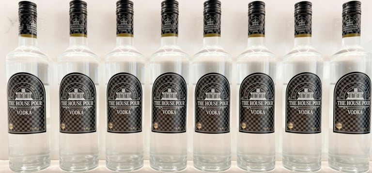 Een rij van acht heldere glazen flessen "The House Pour Vodka" op een witte achtergrond, waarop het 
