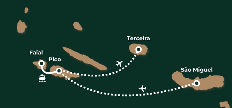 Illustratieve kaart van een reisroute door Azoren,: Sao Miguel, Pico, Faial en Terceia