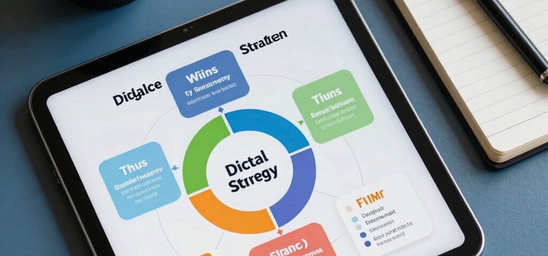 A top-down shot of a digital strategy map on a tablet next to a professional notebook and an ink pen on a blue desk.