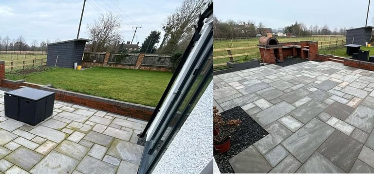 before and after picture of grey garden slabs that have been pressure washed to a high standard