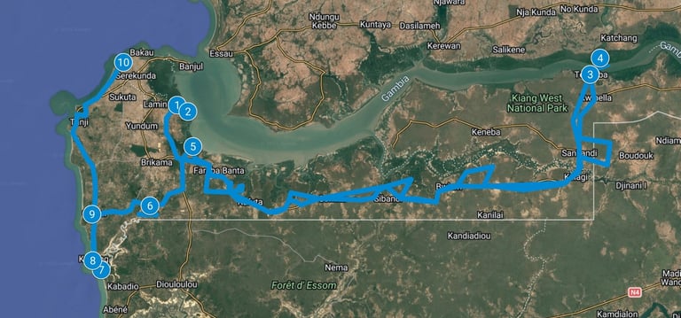 Route map  Gambia: 10-Day Bird Photography Tour across Diverse Habitats 