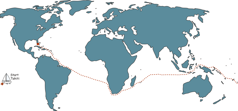 Sailing map from Tahiti to Florida through Polynesia, Indonesia, and around Africa