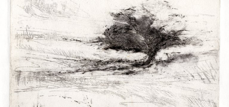 A vintage landscape monoprint of a lone tree in an open field.