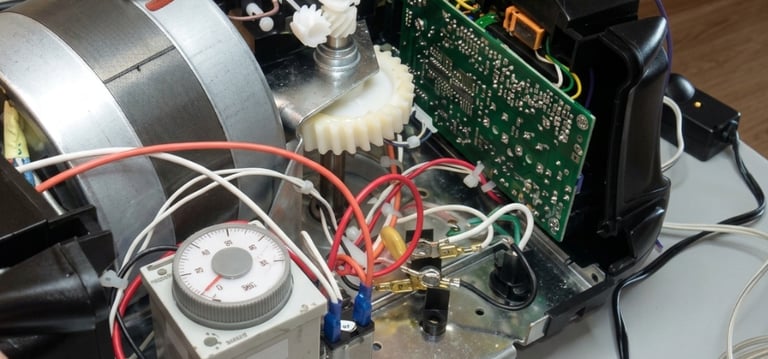 Internal view of a machine showing a timer relay, circuit board, gears, and electrical wiring for repair.