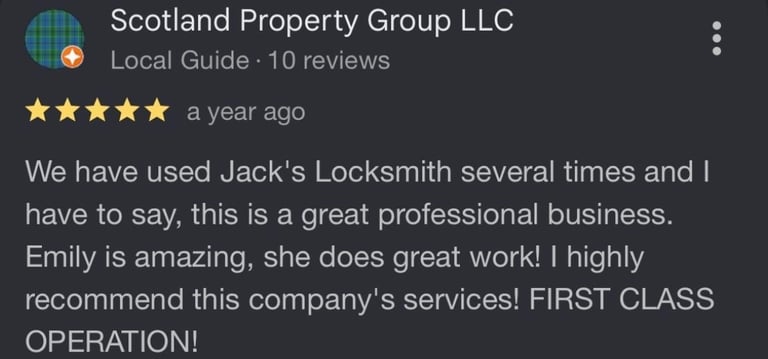 Five-star Google review of Jack's Locksmith from Scotland Property Group praising Emily's work and the business