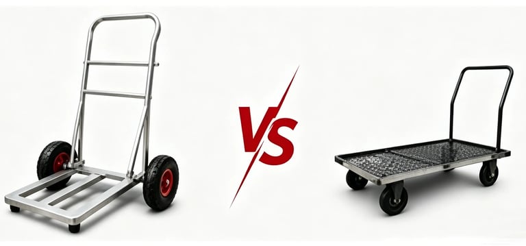 Comparison of a heavy-duty aluminum hand truck vs a four-wheel platform push cart for industrial moving.
