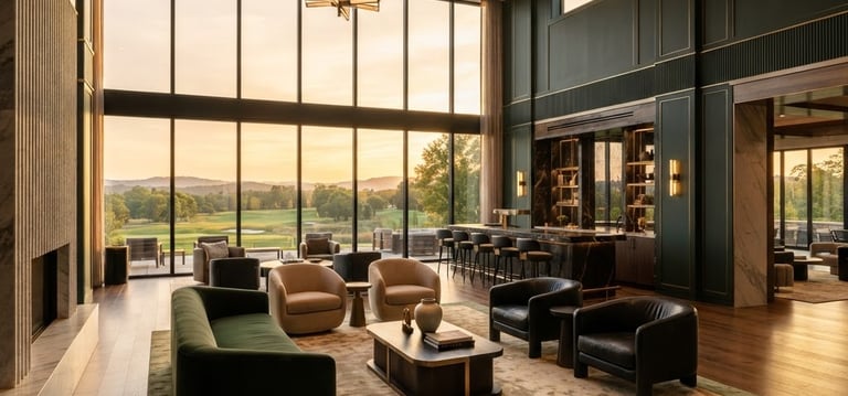 Wide-angle architectural photograph of a modern, luxurious clubhouse lounge area with high ceilings and large windows, bathed in warm golden-hour sunlight, rich deep forest green and champagne tones, elegant minimalist furniture, no people.