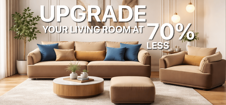 Modern living room furniture sale featuring a beige sofa set and marble coffee table at 70% off.