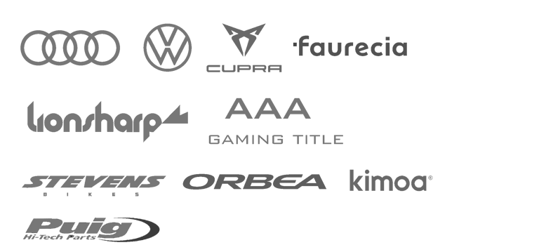 Collection of corporate logos including Audi, Volkswagen, Cupra, and Orbea on a black background.