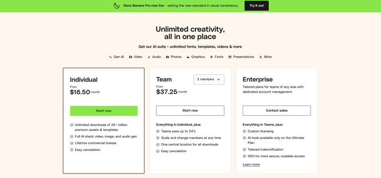 a website page with a pricing sheet for a website
