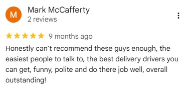 A 5-star Google review from Mark McCafferty praising delivery drivers for their polite service.