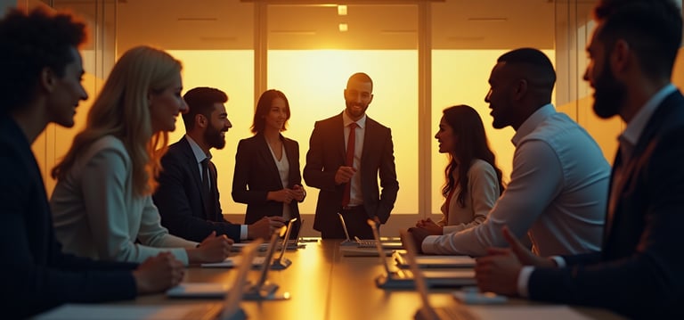 a group of business people sitting around a table