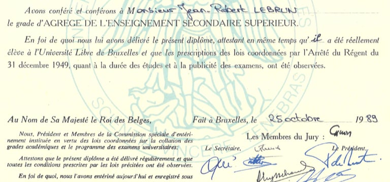 Photo of the Agrégation diploma delivered by the Université Libre de Bruxelles