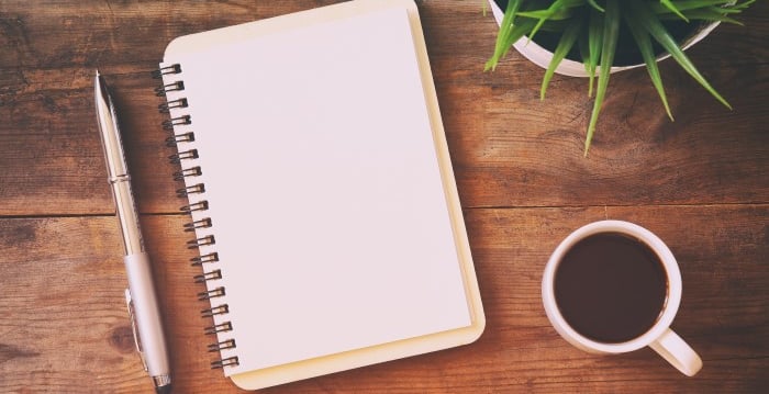 Notebook, pen, cuppa 