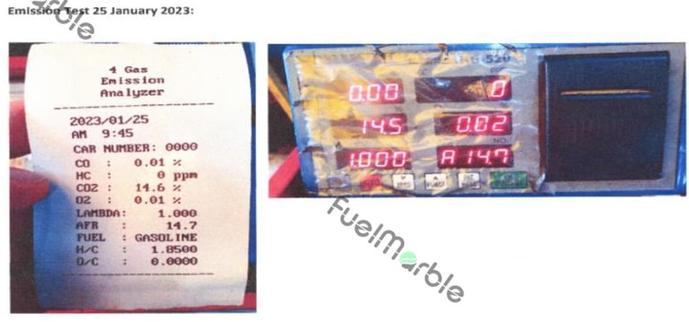 Jakarta emission test meter reading before FuelMarble installation showing CO and HC present in exhaust output.