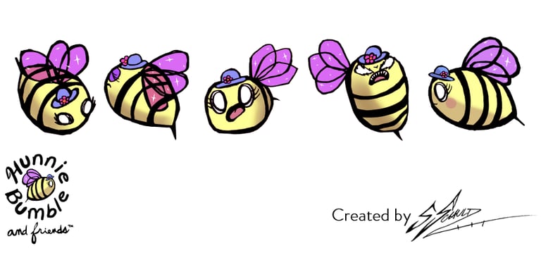 hunnie bumble character, character turnaround, bees, queen bee, character sheet