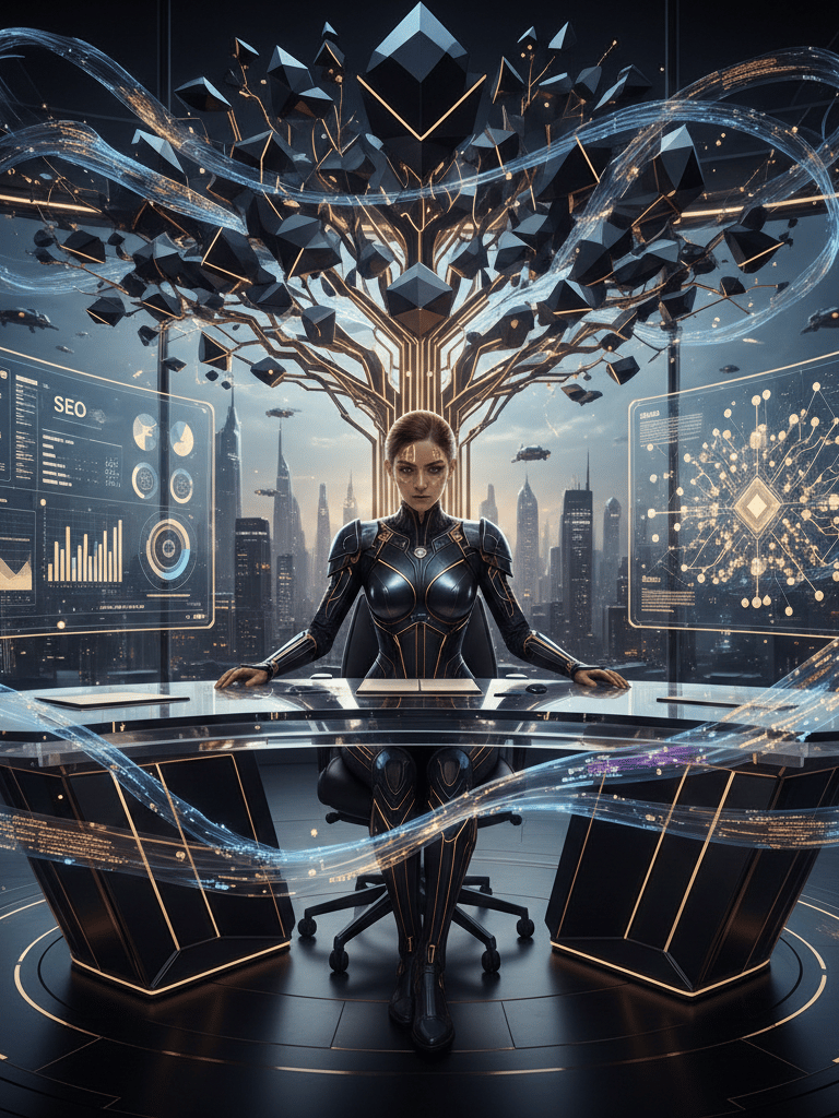 Female AI writer generating high-quality SEO content connected - knowledge graphs & AI search engine