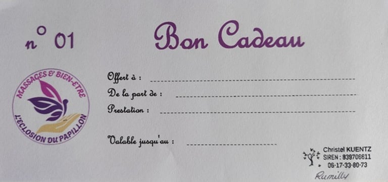 bon cadeau pour des massages ou soins énergétiques à l'éclosion du papillon à Rumilly