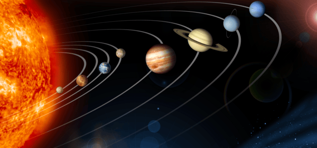 Representação artística do Sistema Solar com o Sol à esquerda e os oito planetas alinhados