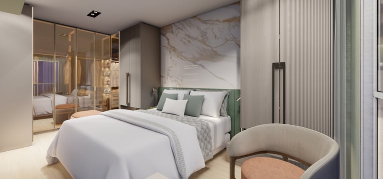"Quarto de casal com iluminação indireta e tons neutros em apartamento pequeno SP