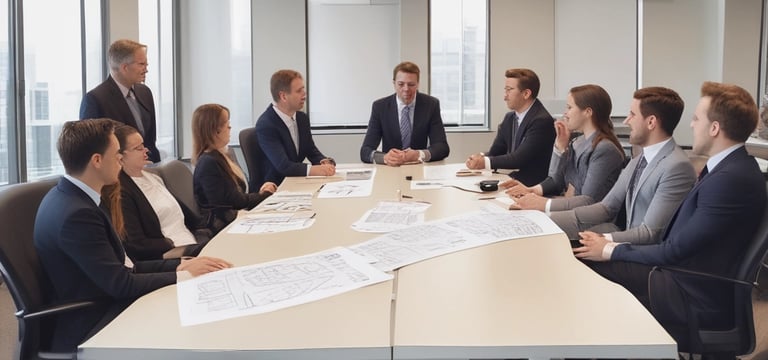 A diverse team collaborating around a table with charts and laptops.