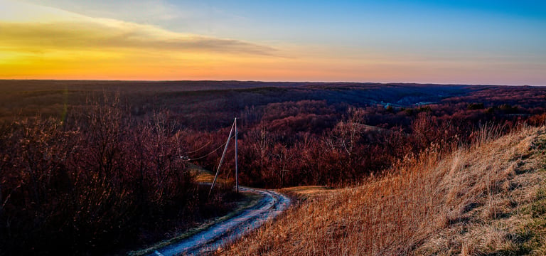 Winding dirt road through a hilly autumn forest landscape at sunset with vibrant orange and blue sky.