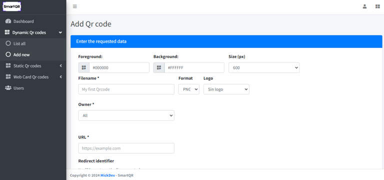 Formulario de creación de código QR dinámicos