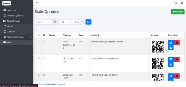 Listado de códigos estáticos QR