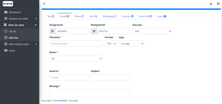 Formulario de creación de código QR estático