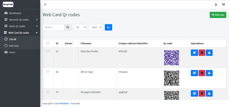 Listado de códigos QR para tarjetas de presentación
