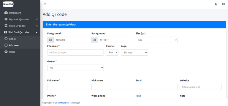 Formulario para tarjetas de presentación