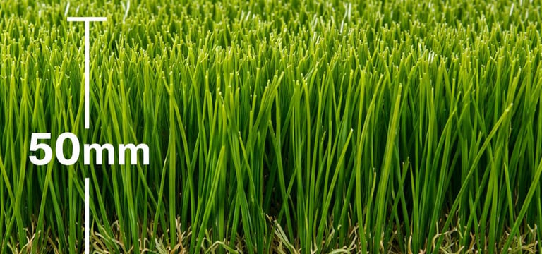 A 50mm pile height artificial grass landscape turf with realistic green blades and thatch.