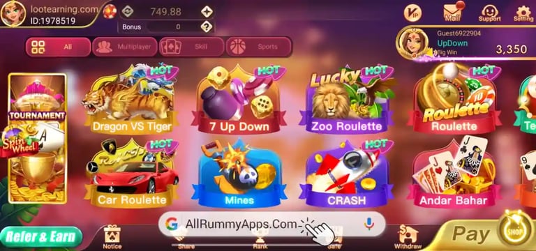 A mobile app dashboard for online rummy and casino games like Dragon VS Tiger and Roulette.