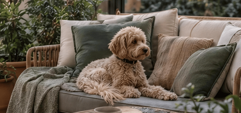 Cozy pet-friendly outdoor corner with calm evening lighting and soft textures, inspired by warm European outdoor living