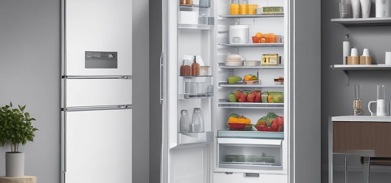 A shattered glass panel with a sticker labeled 'Power Savings Guide' and a note indicating a 10-year warranty. The background includes a kitchen setting with a water dispenser, dishes, and some utensils.