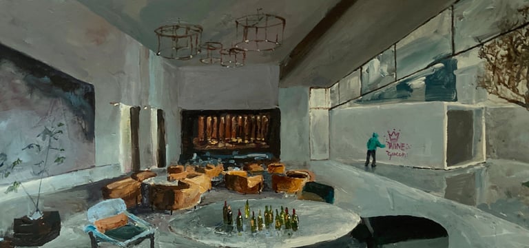 a painting of a restaurant with a table and chairs