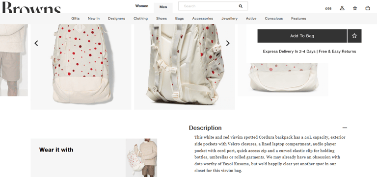 Screenshot of a spotted backpack with my product description