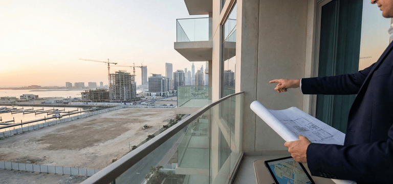 Real estate developer holding blueprints and pointing at a luxury high-rise construction site in Dubai.