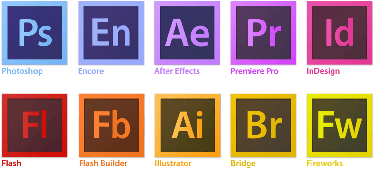 Ensemble des icônes de la suite Adobe Creative Cloud incluant : Photoshop, Illustrator, InDesign, Premiere Pro, After Effects