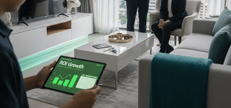 Real estate agent showing ROI growth data on a tablet to clients in a modern city apartment.
