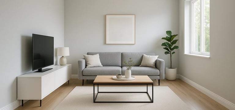 Modern room with hardwood flooring and white baseboards.