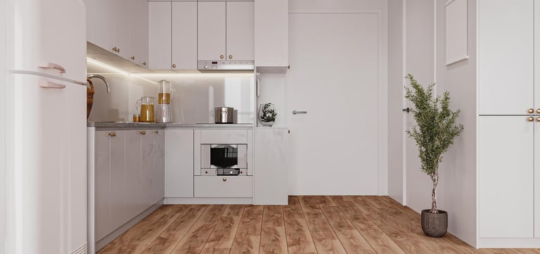 Modern kitchen with durable luxury vinyl plank flooring designed for moisture-prone spaces.