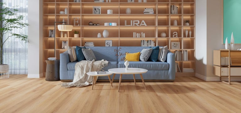 a living room with a couch and a table