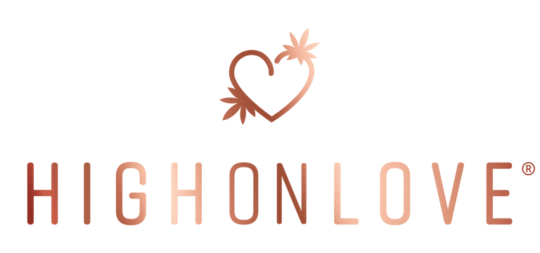 The photo shows the logo of HighOnLove Brand, written in rose gold letters, with a heart above the letters.